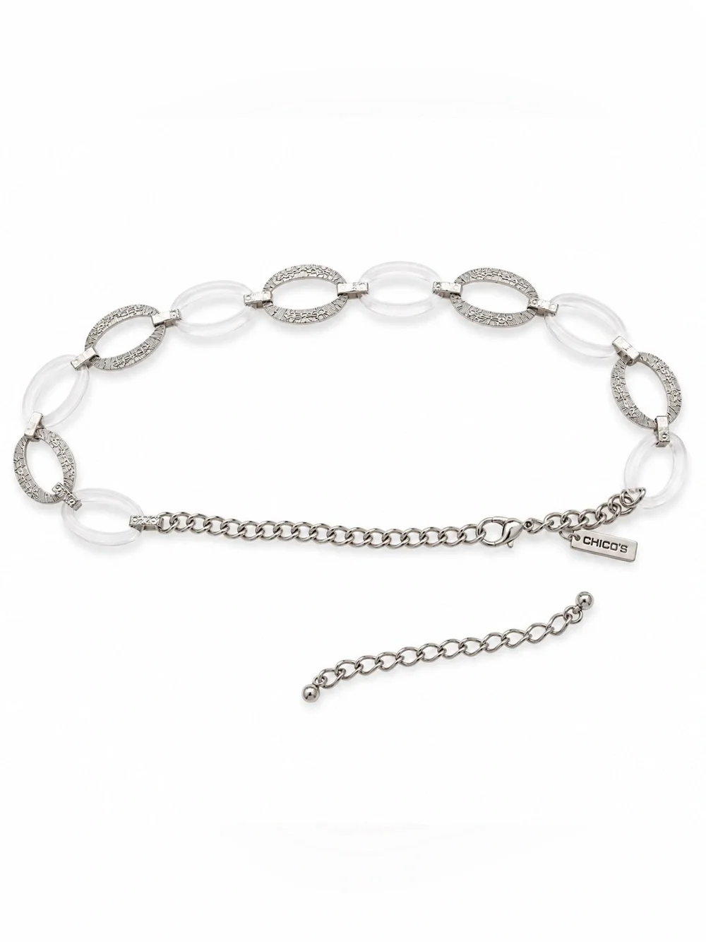 Chico’s Silver Clear Lucite Oval Link Chain Belt Statement Y2K